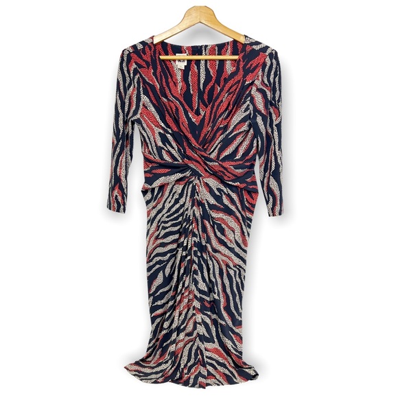 Anne Klein Reptile Zebra Stripe Wrap Bodice Gathered Skirt Sheath Dress - Picture 2 of 14